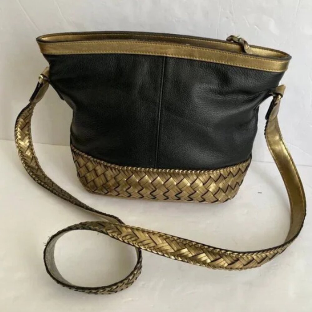 Saddle River Brushed Gold Black Leather Hobo Shoulder Handbag